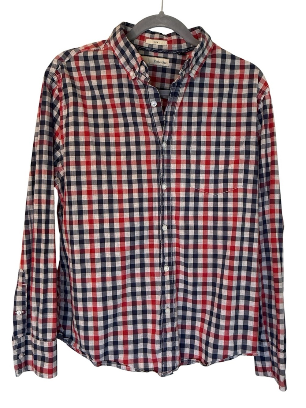 Men's Red Navy White Plaid Button-Down Casual Shirt